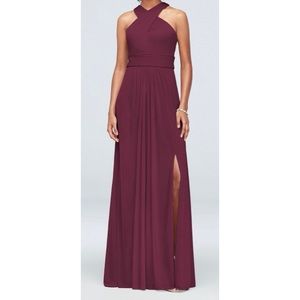 David’s Bridal Wine Color Crisscross High Neck Bridesmaid Dress